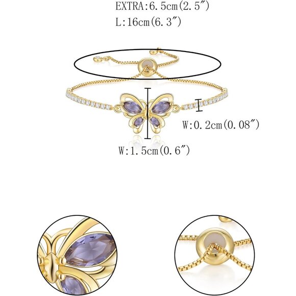 Women's Purple Butterfly Dainty Trendy Adjustable Tennis Slide Bracelet Jewelry - Picture 5 of 6